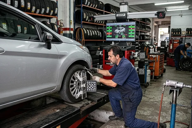 Mecânico realizando alinhamento de rodas de um veículo em Viamão.