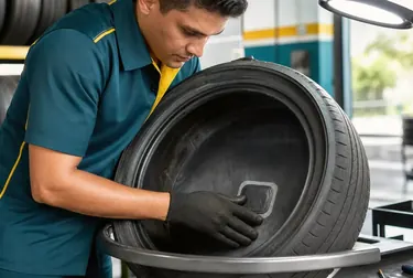 Profissional de borracharia consertando um pneu em Viamão.