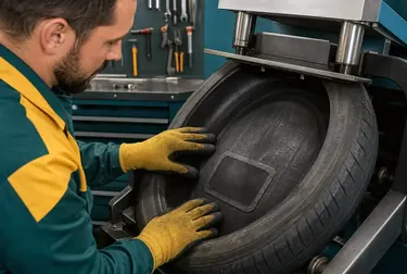 Técnico fazendo vulcanização de pneu em Viamão.