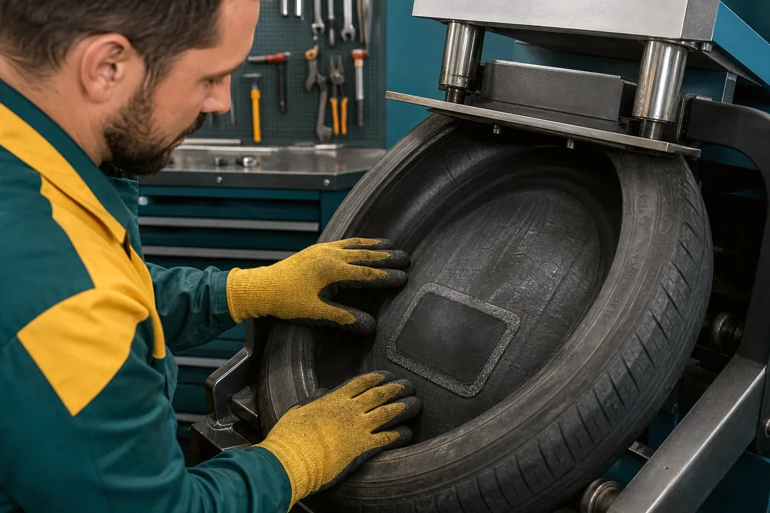 Técnico fazendo vulcanização de pneu em Viamão.