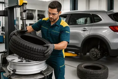 Técnico realizando a troca de pneus em Viamão.