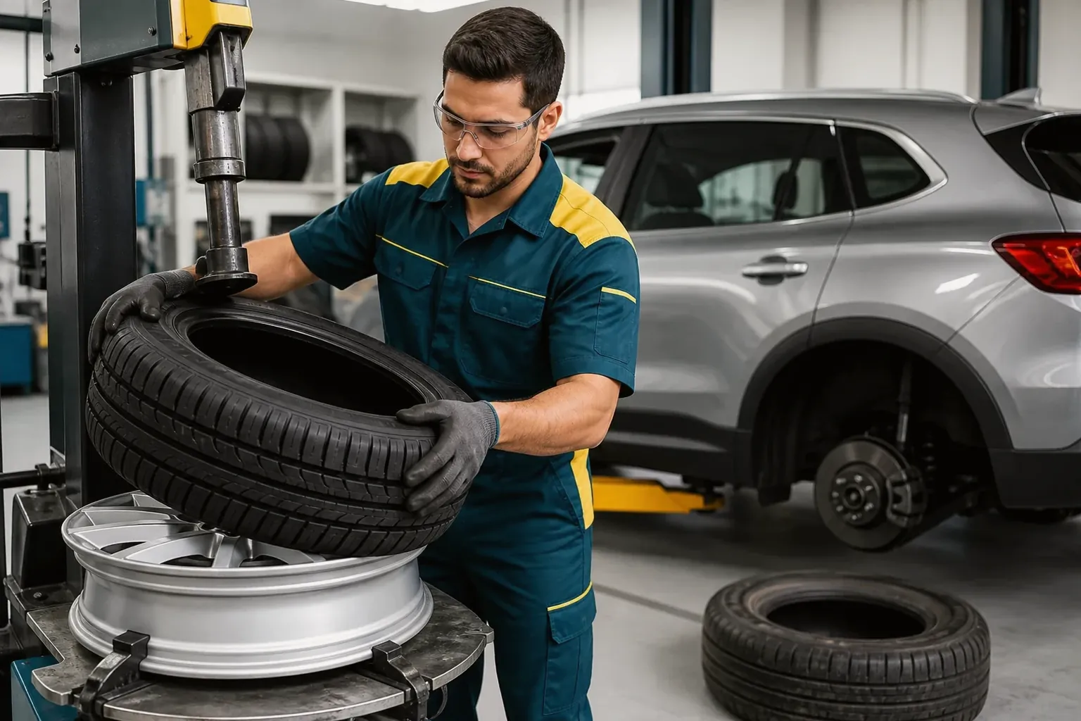 Técnico realizando a troca de pneus em Viamão.