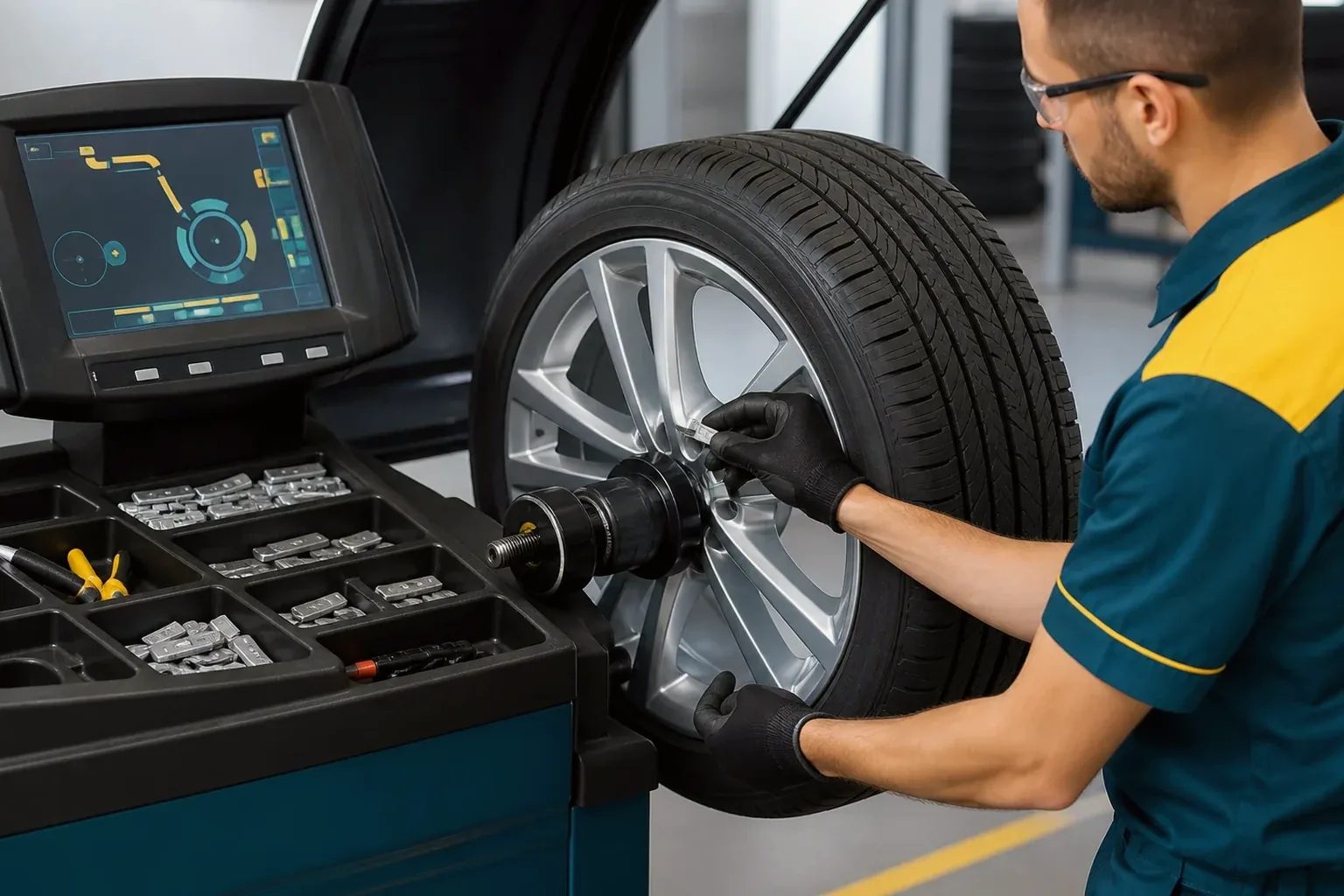 Técnico realizando balanceamento de rodas em Viamão.